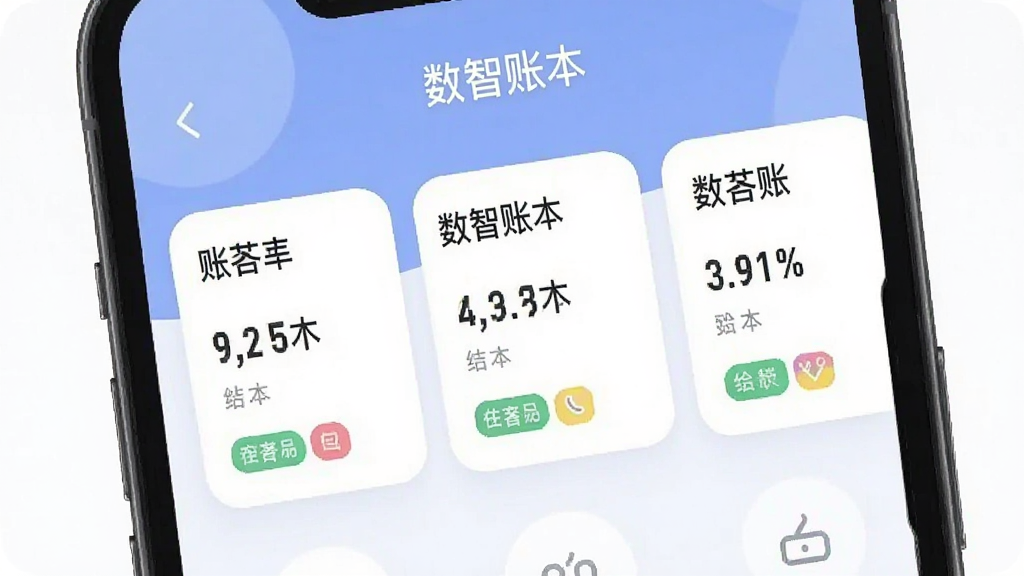 画面主体为手机屏幕上的多账本管理界面,屏幕中显示“数智账本”字样,布局为三个并排的账本卡片,风格为柔和圆角卡片式设计,细节包含账本名称、结余数字和彩色分类标签,画质干净清晰,无多余背景元素