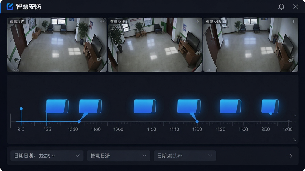 画面主体为智慧安防软件的录像回放界面,屏幕中显示一条横向时间轴,时间轴上分布着若干蓝色录像片段标记,上方为监控画面预览窗口,下方为日期选择栏;布局为上下结构;风格为深色模式下的UI界面展示;细节上时间轴刻度清晰,蓝色标记有渐变发光效果;画质高清,画面干净,无多余元素,界面内文字为