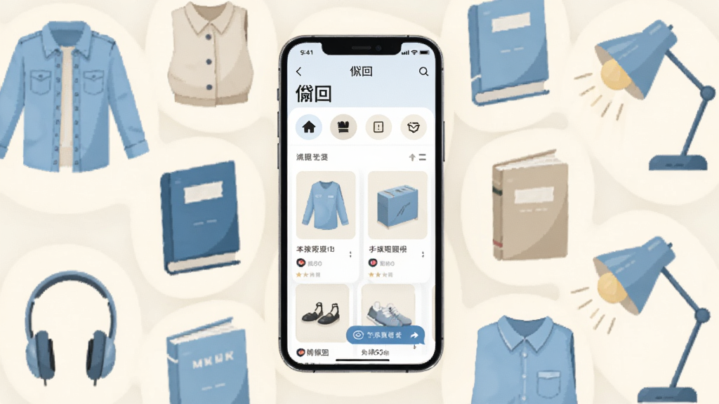画面中央放置一部智能手机,屏幕显示“睐回”应用的商品浏览界面,界面中有分类图标与商品卡片;手机周围以扁平化插画风格布置衣物、书籍、耳机、台灯等闲置物品,形成环绕式布局;整体采用浅蓝与米白配色,风格清新简洁,细节上突出商品卡片与聊天按钮;画质清晰,画面干净,无多余元素