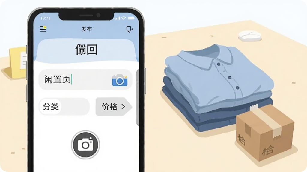 一部手机屏幕显示“睐回”发布闲置页面,画面中有相机图标、标题输入框和价格标签;手机旁放置一件叠好的衣物与一个小纸箱,背景为浅色桌面;采用扁平插画风格,布局左右分栏,左侧手机右侧物品;细节上突出拍照按钮与分类选项;画质清晰,画面干净,无多余元素