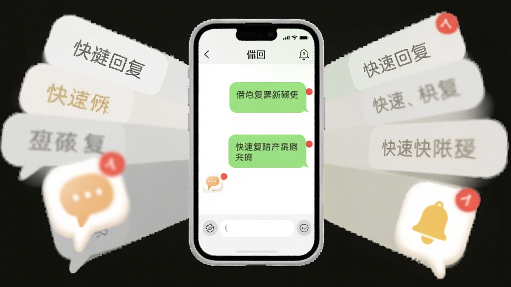 手机屏幕显示“睐回”聊天会话界面,画面中有消息气泡、快捷回复短语和未读红点标识;手机旁放置一个对话气泡图标与铃铛图标;采用柔和圆角风格,布局以手机为中心向外发散;细节上突出未读标识与快捷回复按钮;画质清晰,画面干净,无多余元素