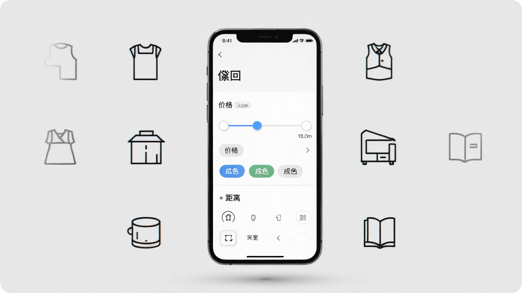 手机屏幕展示“睐回”分类筛选界面,画面中有价格滑块、成色标签和距离选项;手机悬浮于浅灰背景之上,周围以线条图标形式呈现数码、服饰、家居、图书等分类符号;采用简约商务风格,布局居中对称;细节上突出筛选条件标签;画质清晰,画面干净,无多余元素