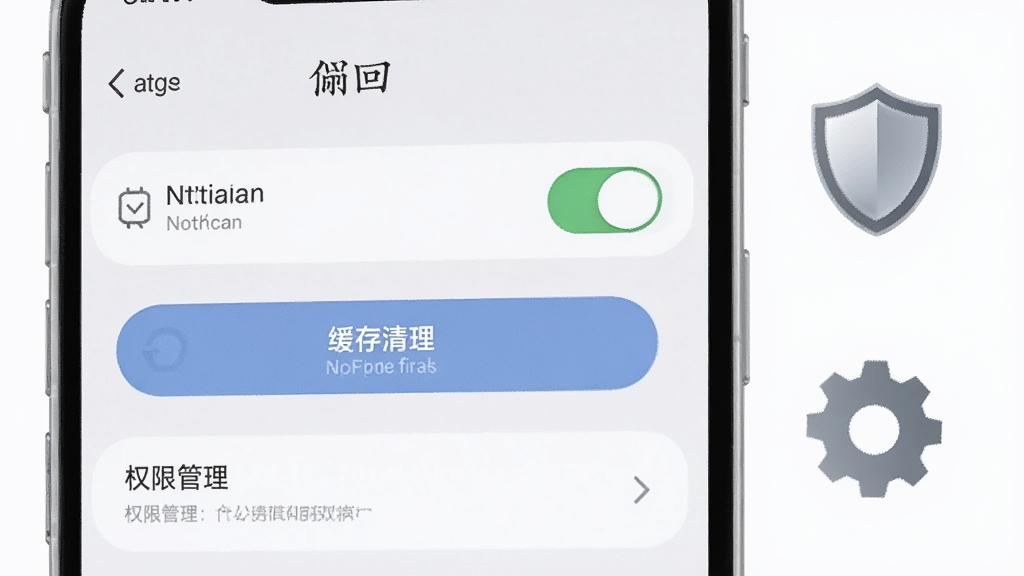 一部手机屏幕显示“睐回”设置页面,画面中有通知开关、缓存清理按钮和权限管理选项;手机旁放置盾牌图标与齿轮图标;采用浅灰质感风格,布局左右分栏;细节上突出通知开关与缓存清理入口;画质清晰,画面干净,无多余元素