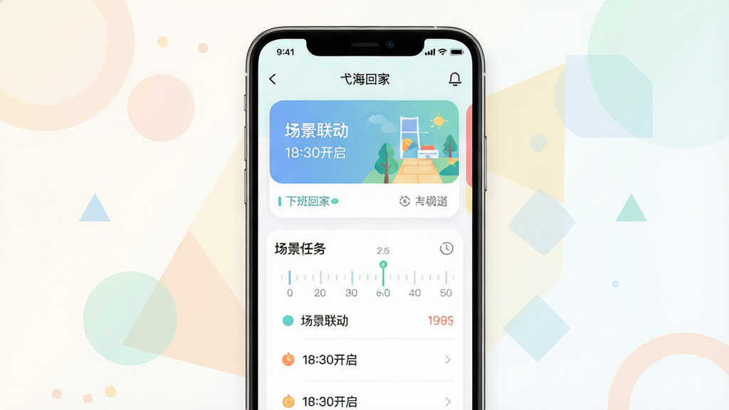 主体为弋海空调App场景设置界面截图风格画面,屏幕中展示“下班回家”场景卡片与定时任务列表;布局为手机屏幕占据画面中央,四周环绕淡色几何图形作为装饰;排版突出场景卡片与时间轴元素,界面文字标注“场景联动”“18:30开启”;风格为扁平化插画风,配色清新淡雅;细节包括卡片圆角、时间轴刻度清晰、装饰图形半透明;画质干净,无多余元素