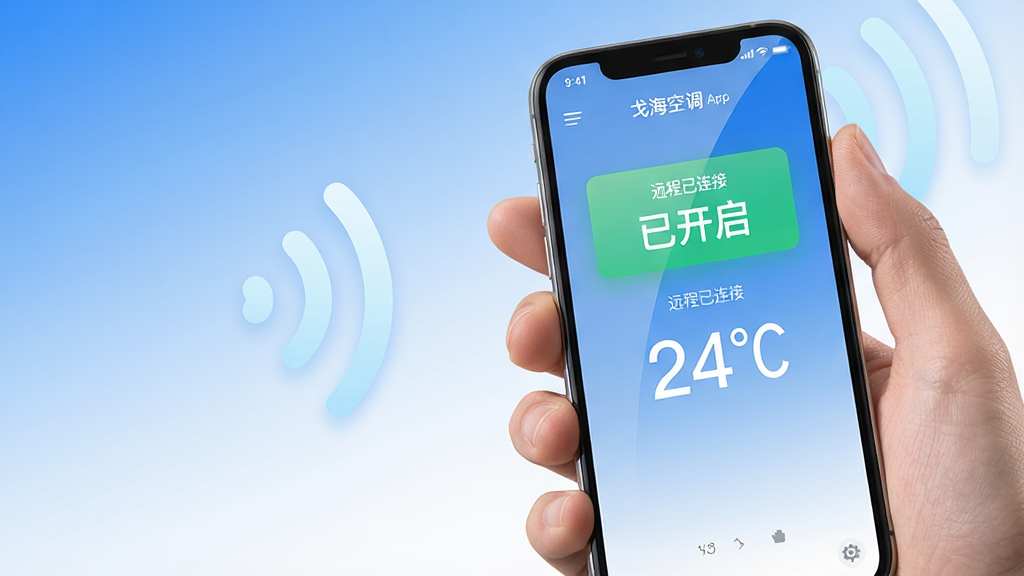 主体为一只手握持手机,屏幕显示弋海空调App远程控制页面,页面中有醒目的“已开启”状态标识与温度数值;布局为手部特写位于画面右侧,左侧留白处放置简洁的信号波纹图形;排版以手机屏幕为视觉焦点,界面文字标注“远程已连接”“24℃”;风格为现代简约科技风,蓝白渐变背景;细节包括手指自然握持姿态、屏幕反光柔和、信号波纹呈淡蓝色;画质高清,干净无多余元素