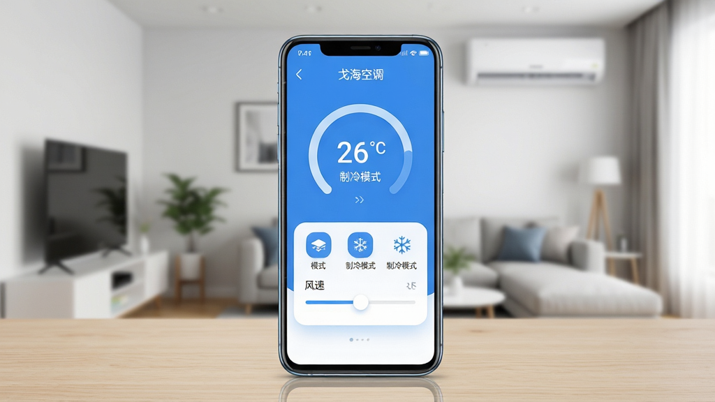 主体为一部安卓手机,屏幕中显示弋海空调App的控制主界面,界面包含温度圆环、模式图标与风速调节滑块;布局为手机居中放置于浅色木质桌面,背景虚化呈现现代客厅场景;排版突出手机屏幕内容,界面文字使用中文标注“弋海空调”“26℃”“制冷模式”;风格为清爽科技感,配色以蓝白为主;细节包括手机边缘高光、界面图标圆角处理、背景中隐约可见空调挂机;画质清晰,干净无多余元素