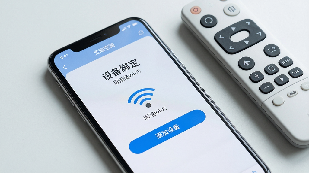 主体为一部手机屏幕显示弋海空调App设备绑定引导页面,页面中有“添加设备”按钮与Wi-Fi图标;布局为手机倾斜放置于浅灰色背景,旁边放置一个简约的空调遥控器作为陪衬;排版以手机屏幕为中心,界面文字标注“设备绑定”“请连接Wi-Fi”;风格为生活化产品摄影风,光线柔和;细节包括遥控器按键纹理清晰、手机边框反光自然、背景干净;画质清晰,无多余元素