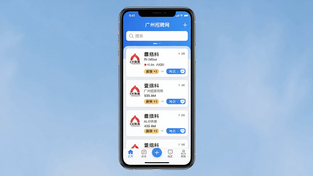 ������Ƹ��APP������չʾ���ֻ���Ļ�г�����Ƹ��Ϣ�б�������������Ϊһ�����������ֻ������־��У��Ű�����չʾ��λ��Ƭ��ײ������������Ϊ�ִ���ƽ���Ƽ�����ϸ�ڰ�����ҵLogo����ͼ��н�ʱ�ǩ�����ɸѡ��ť�����ʸ��壬����ɾ����޶���Ԫ��