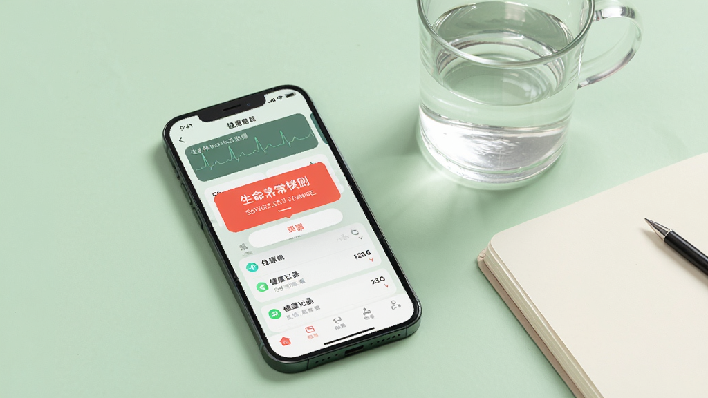 手机屏幕显示生命体征监测应用的异常提醒弹窗与健康记录列表,背景为柔和浅绿色,旁边放置一杯温水与笔记本,整体风格清新自然,构图简洁,画质干净,无杂乱元素