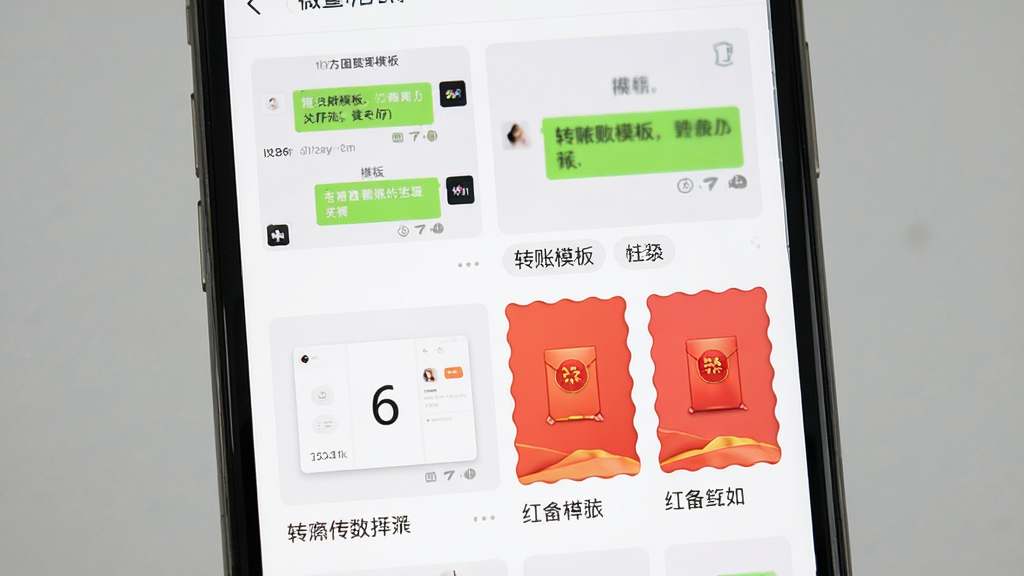 一张展示微商截图宝模板选择界面的图片,主体为手机屏幕特写,布局为网格状模板列表,排版整齐,风格清新简约,细节包含聊天模板、转账模板、红包模板缩略图与分类标签,画质高清干净无多余元素