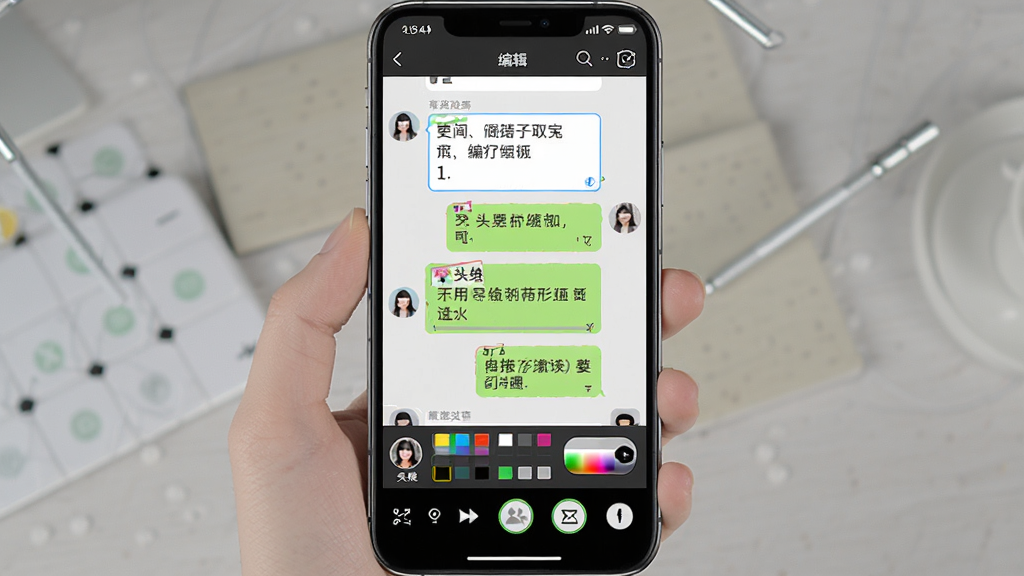 一张展示微商截图宝编辑功能的图片,主体为手机屏幕中正在编辑的聊天截图,布局为编辑区居中、工具栏位于底部,排版层次分明,风格为工具类应用界面,细节包含文字编辑框、颜色选择器、头像替换按钮,画质高清干净无多余元素