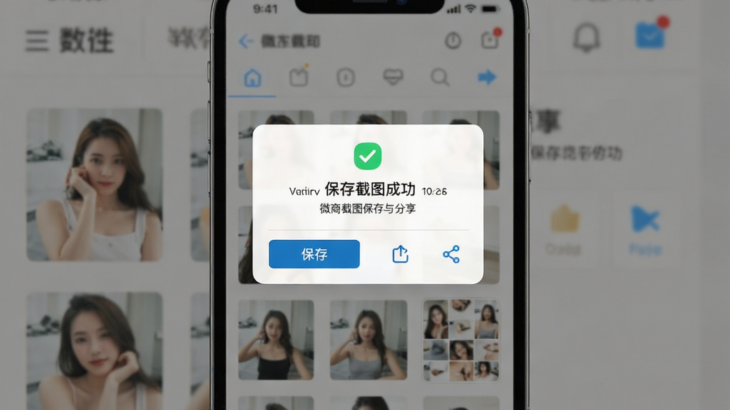 一张展示微商截图宝保存与分享界面的图片,主体为手机屏幕显示保存成功提示与相册缩略图,布局为弹窗居中、背景为应用主界面虚化,排版简洁,风格为移动端应用交互界面,细节包含保存按钮、分享图标、相册预览小图,画质高清干净无多余元素