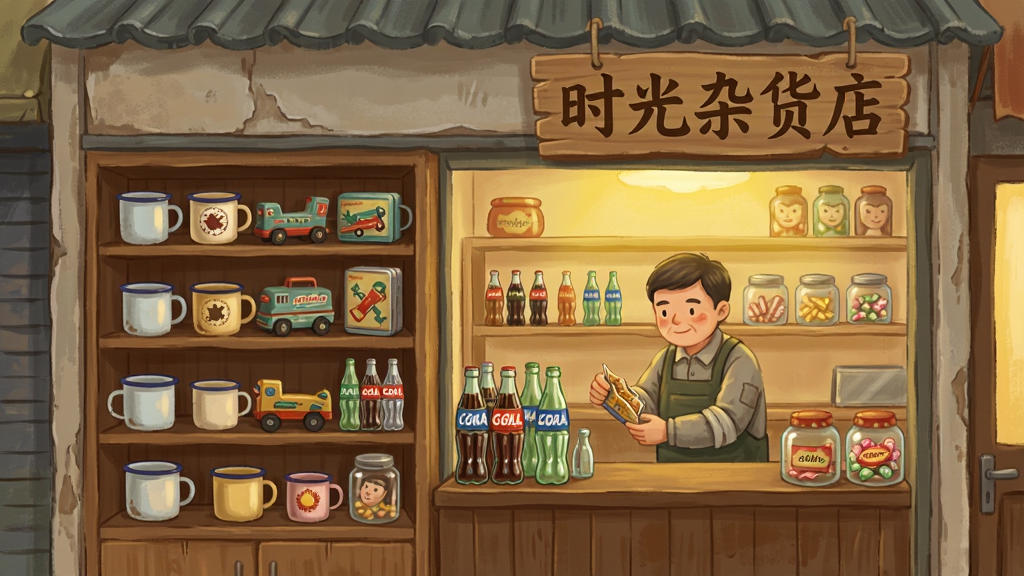 一张以“时光杂货店”为主题的插画,画面主体是一间上世纪九十年代风格的老式杂货店门面,木质货架上摆满搪瓷杯、铁皮玩具、玻璃瓶汽水与老式糖果罐,柜台后有一位店主正在整理商品,暖黄色灯光从店内透出,门口挂着写有“时光杂货店”字样的木质招牌,整体采用复古怀旧插画风格,色彩温暖柔和,细节丰富,画质清晰干净,画面中文字为“时光杂货店”,无多余元素