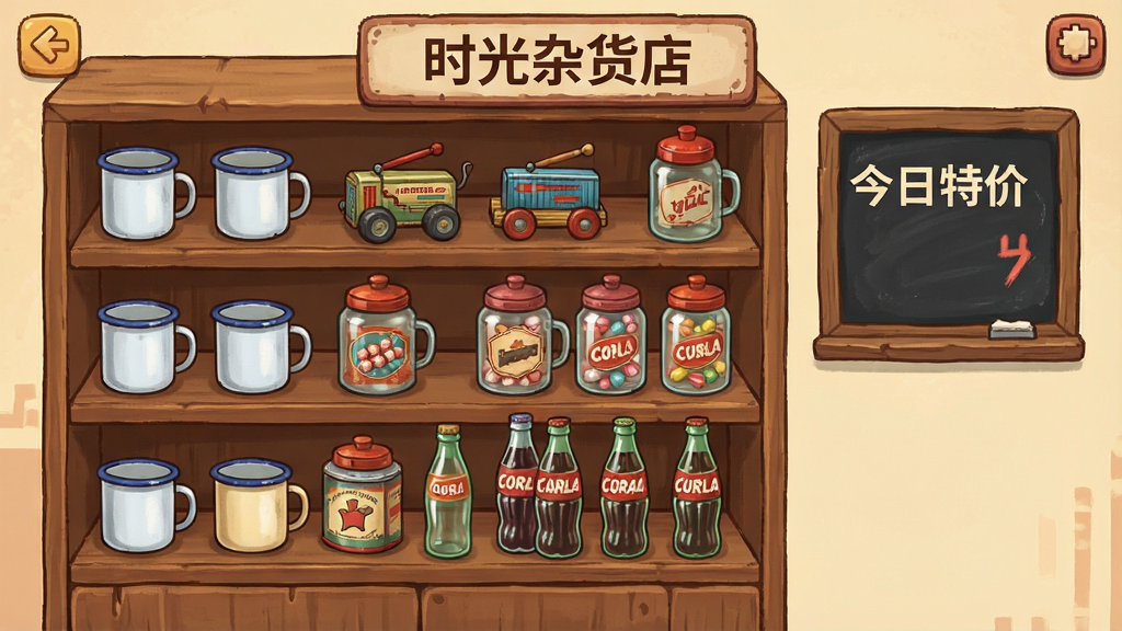 一张展示“时光杂货店”游戏内货架陈列界面的插画,画面主体是木质多层货架,上面整齐摆放着搪瓷杯、铁皮玩具、老式糖果罐、玻璃瓶汽水等怀旧商品,货架旁有一块小黑板写着“今日特价”,整体采用复古经营游戏UI风格,布局清晰,色彩温暖,细节丰富,画质干净清晰,画面中文字为“时光杂货店”,无多余元素