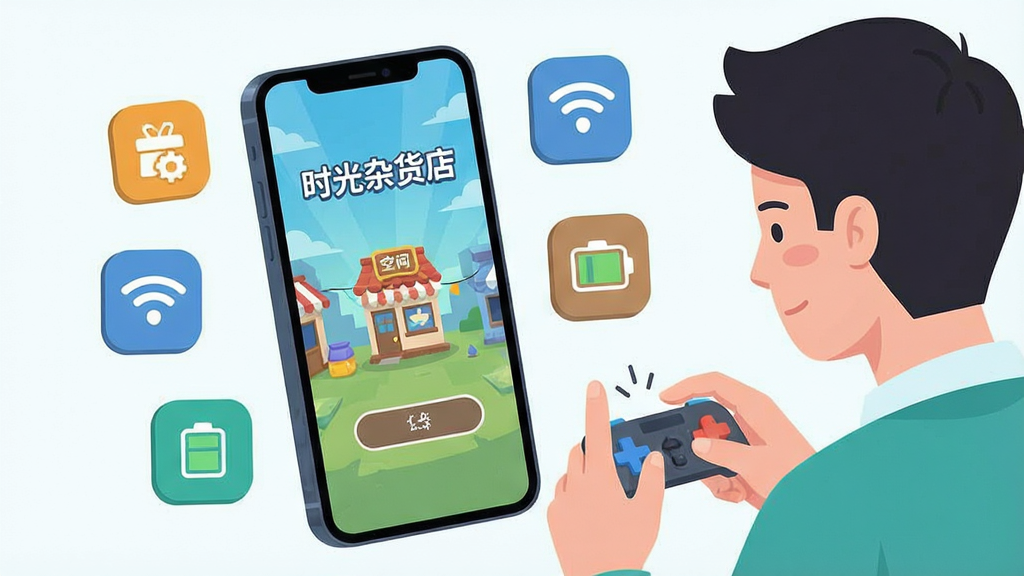 一张以“时光杂货店”手游新手引导为主题的插画,画面主体是一部智能手机屏幕显示游戏加载界面,屏幕旁有一位玩家正在操作,周围环绕着存储空间、网络信号、电池电量等图标元素,整体采用扁平化科技插画风格,布局简洁,色彩清爽,细节清晰,画质干净,画面中文字为“时光杂货店”,无多余元素