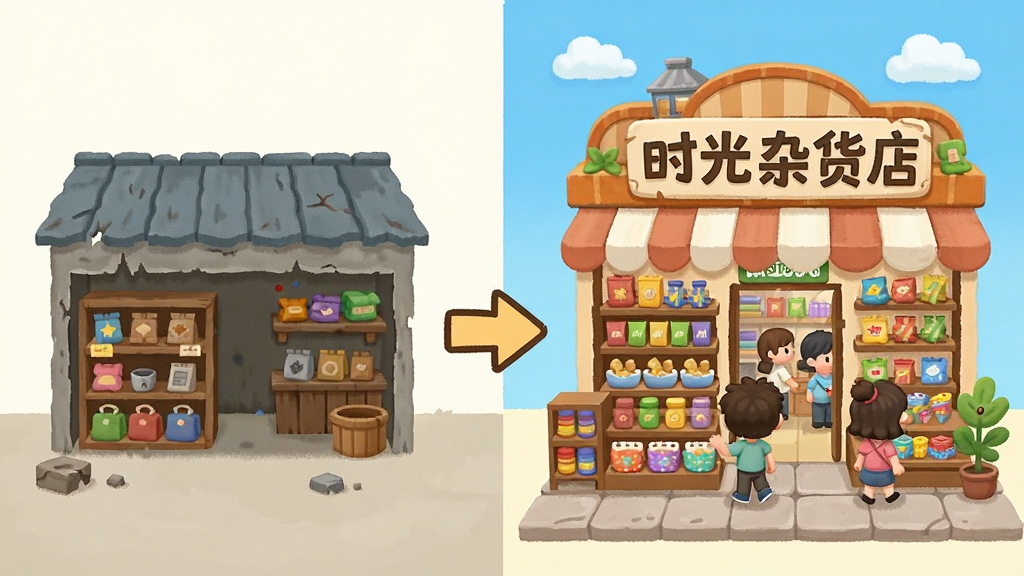 一张以“时光杂货店”经营成长为主题的插画,画面主体是一间杂货店从简陋小铺逐步升级为热闹店铺的对比场景,左侧是初期简陋货架,右侧是摆满商品、顾客盈门的成熟店铺,中间用箭头连接,整体采用扁平化经营游戏风格,色彩明快,布局对称,细节丰富,画质清晰干净,画面中文字为“时光杂货店”,无多余元素