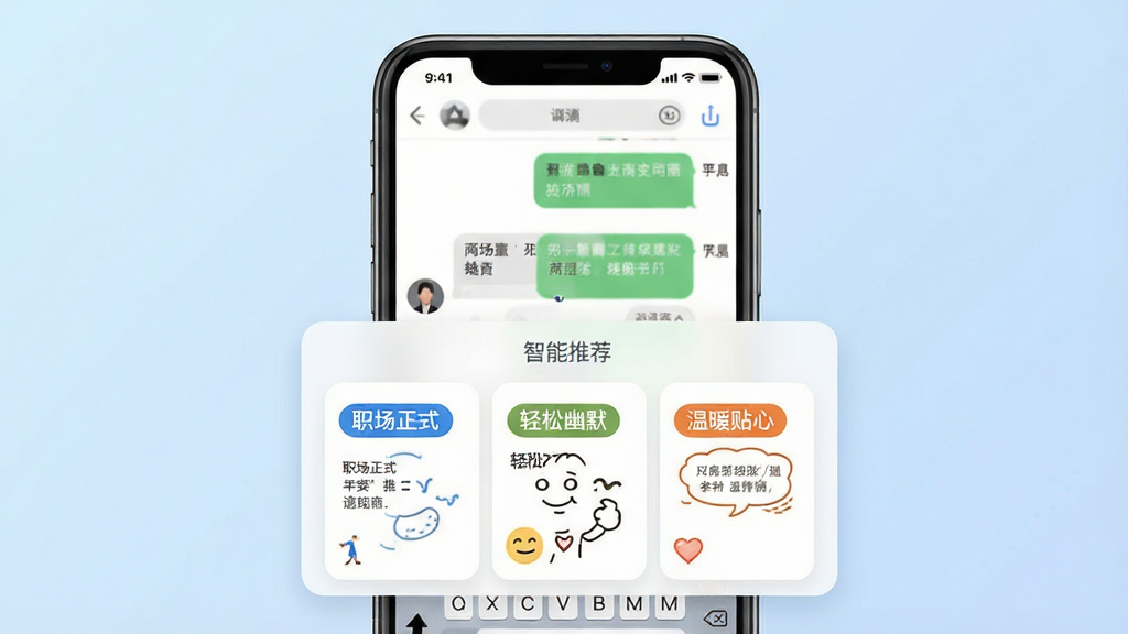 一张展示高情商聊天键盘场景化回复推荐功能的界面图。画面主体为手机屏幕特写,屏幕中央显示聊天窗口,下方弹出智能推荐面板,面板内并列展示三条不同风格的回复卡片,分别标注“职场正式”“轻松幽默”“温暖贴心”标签。布局为手机居中,背景为柔和渐变浅蓝色。风格为扁平化UI设计展示,细节包括卡片圆角、标签色块分明、文字排版整齐。画质清晰,画面干净整洁,无多余装饰元素。