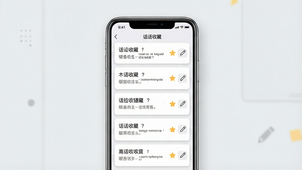 一张展示高情商聊天键盘个性化话术收藏功能的界面图。画面主体为手机屏幕,屏幕内显示话术收藏列表页面,每条话术以卡片形式排列,卡片右侧带有星标收藏图标和编辑按钮。布局为手机居中,背景为浅灰色极简风格。风格为清新简约的卡片式UI设计,细节包括卡片阴影柔和、图标线条简洁、文字层级分明。画质高清,画面干净,无多余元素。