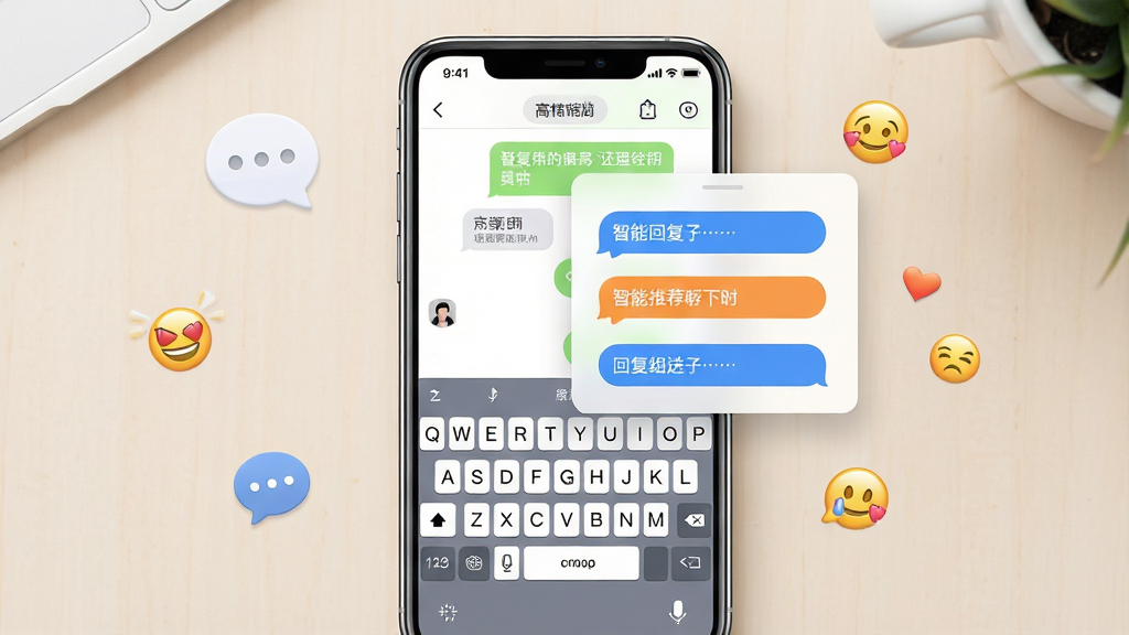 一张展示高情商聊天键盘手机应用界面的场景图。画面主体是一部竖屏智能手机,屏幕内显示聊天对话界面和悬浮的智能回复推荐面板,面板上有三条不同风格的回复气泡选项。布局为手机居中放置于浅色桌面背景上,周围点缀简约的聊天气泡图标和表情符号。排版清晰,突出键盘区域和推荐回复区域。风格为现代科技感UI展示风格,细节包括手机边框高光、界面文字清晰可辨、气泡圆角设计。画质高清,画面干净,无多余元素。