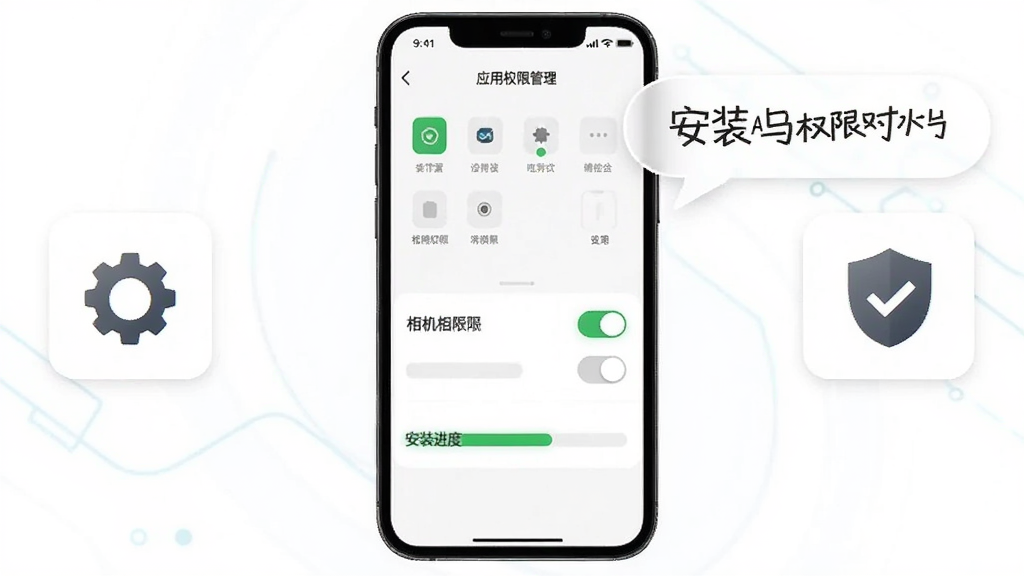 吃对了AI安装与权限设置示意图,手机屏幕显示应用权限管理页面与相机权限开关,旁边配有安装进度条与提示气泡,布局手机居中、左右为设置图标与盾牌图标,简洁科技风格,细节包含绿色对勾与灰色开关,画质清晰干净