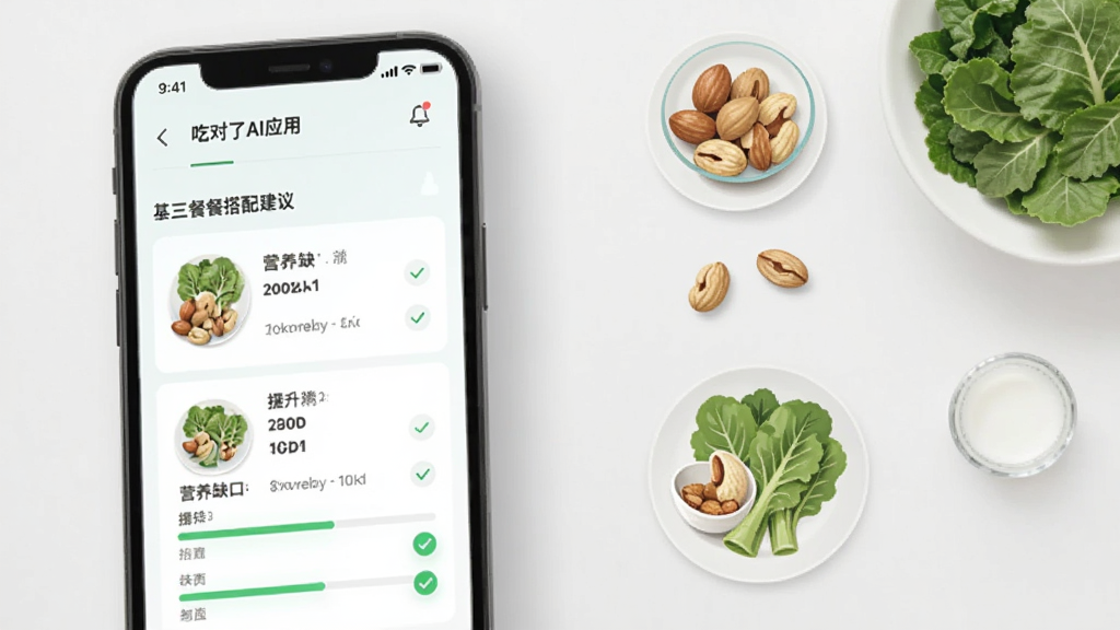 吃对了AI应用内的营养报告页面,手机屏幕显示三餐搭配建议与营养缺口提示卡片,旁边有牛奶、坚果、绿叶菜等食材插图,画面采用俯视桌面布局,清爽浅色风格,细节包含进度条与对勾图标,画质干净无杂乱元素