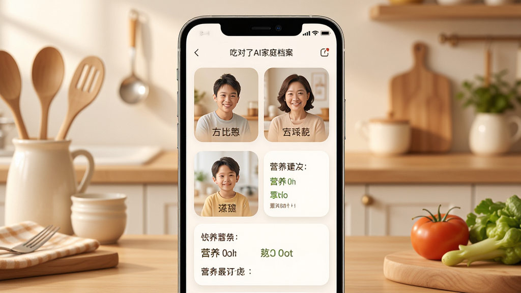吃对了AI家庭档案切换界面,手机屏幕显示多位家庭成员头像卡片与各自的饮食建议摘要,背景为温馨厨房场景,布局手机居中、左右点缀餐具与食材,柔和暖色风格,细节包含姓名标签与营养标签,画质清晰干净