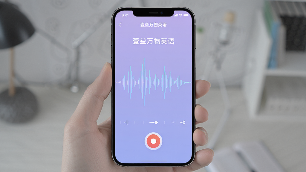 手机屏幕显示“壹叁万物英语”的口语跟读页面,界面中有声波波形图和录音按钮,背景为淡紫色渐变,风格为科技感学习工具风,细节上波形图有高低起伏的线条,画质清晰,画面简洁