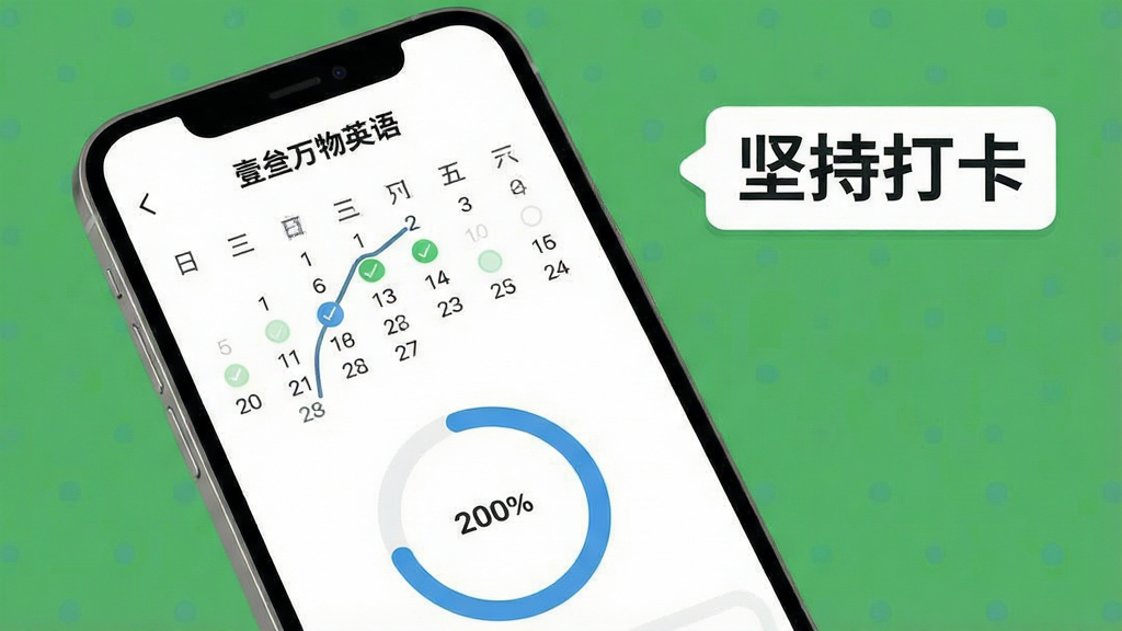 一张手机屏幕截图风格的示意图,展示“壹叁万物英语”的学习进度页面,画面中有日历打卡记录和环形进度条,背景为白色简洁风格,旁边有“坚持打卡”字样的标签,画质清晰,布局干净