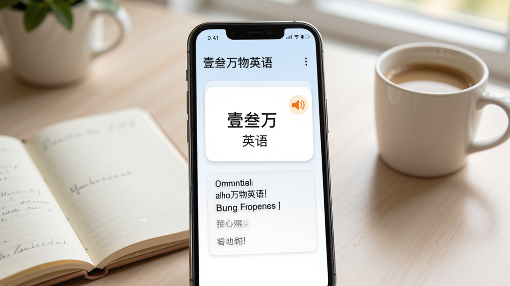 一部手机屏幕中展示“壹叁万物英语”的单词卡片界面,卡片上写着英文单词和中文释义,旁边有小喇叭图标和例句区域,背景是柔和的书桌场景,有笔记本和咖啡杯点缀,风格为清新学习风,画质清晰,画面干净
