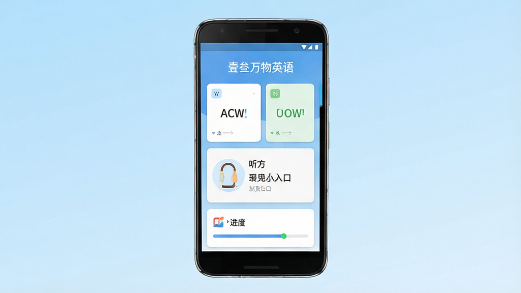 一张手机应用界面展示图,画面中央是一部竖屏安卓手机,屏幕内显示“壹叁万物英语”的首页,包含单词卡片、听力入口和进度条三个主要区域,背景为浅蓝色渐变,整体布局干净整洁,风格为现代扁平化UI设计,细节上手机边缘有轻微反光,画质清晰,画面干净无多余元素