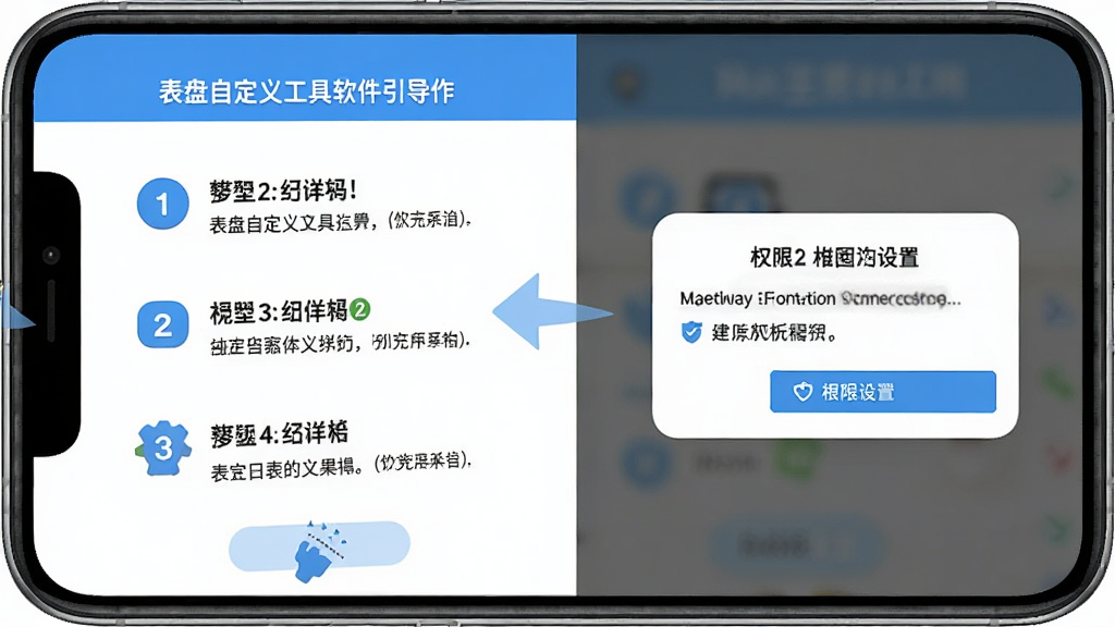 表盘自定义工具软件的新手操作引导界面,手机屏幕显示分步操作提示和权限设置弹窗,界面风格友好清晰,带有箭头指引和说明文字,画质高清干净无多余元素