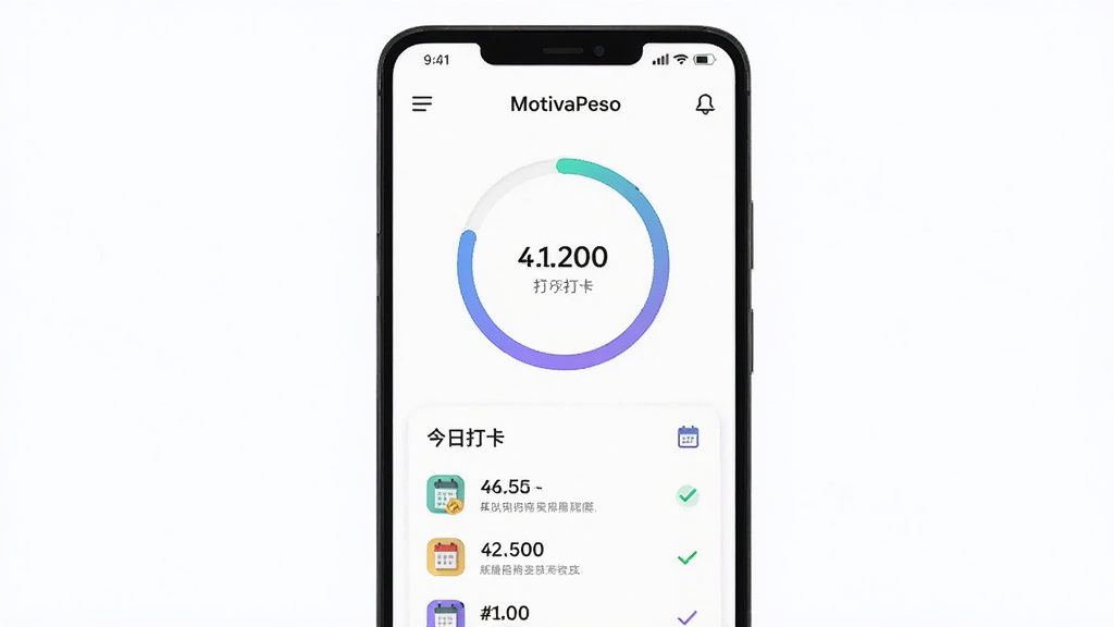 画面主体为一部竖屏安卓手机,手机屏幕中央显示 MotivaPeso 应用主界面,界面上有圆形进度环与今日打卡列表,布局为手机居中、浅色背景留白,排版简洁,风格为现代扁平化 UI 插画,细节包含勾选标记、日历小图标与柔和渐变,画质清晰干净,无多余元素
