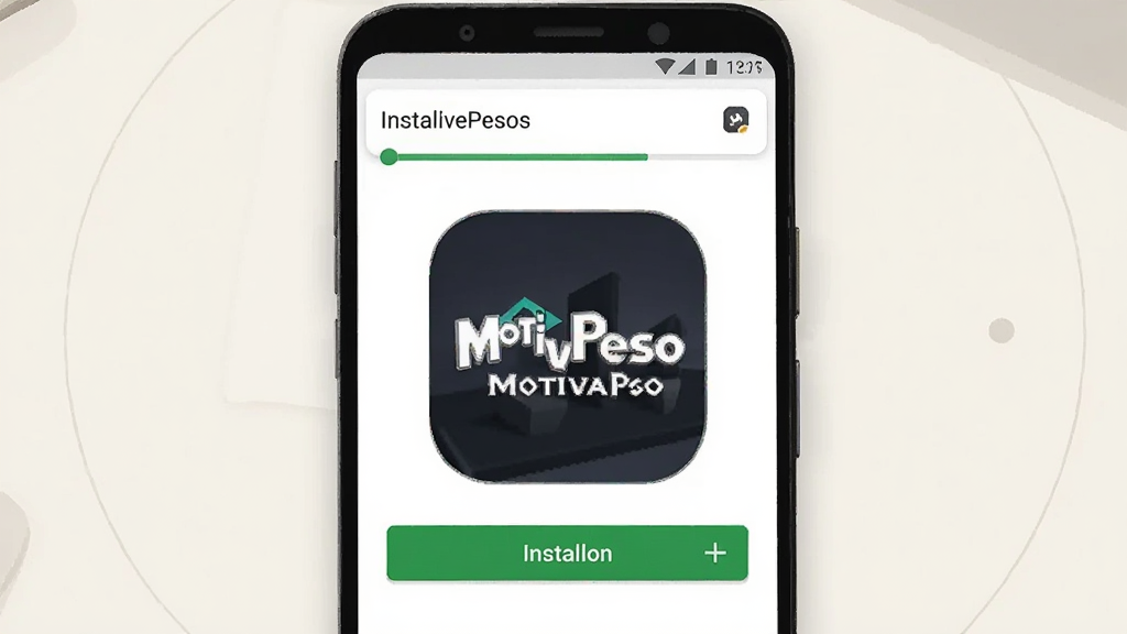 画面主体为安卓手机安装界面与 MotivaPeso 图标特写,手机屏幕显示安装进度条,布局为手机居中、背景为浅色桌面,风格为移动端操作示意插画,细节包含安装按钮、权限弹窗小图标与简洁文字,画质清晰干净,无多余元素
