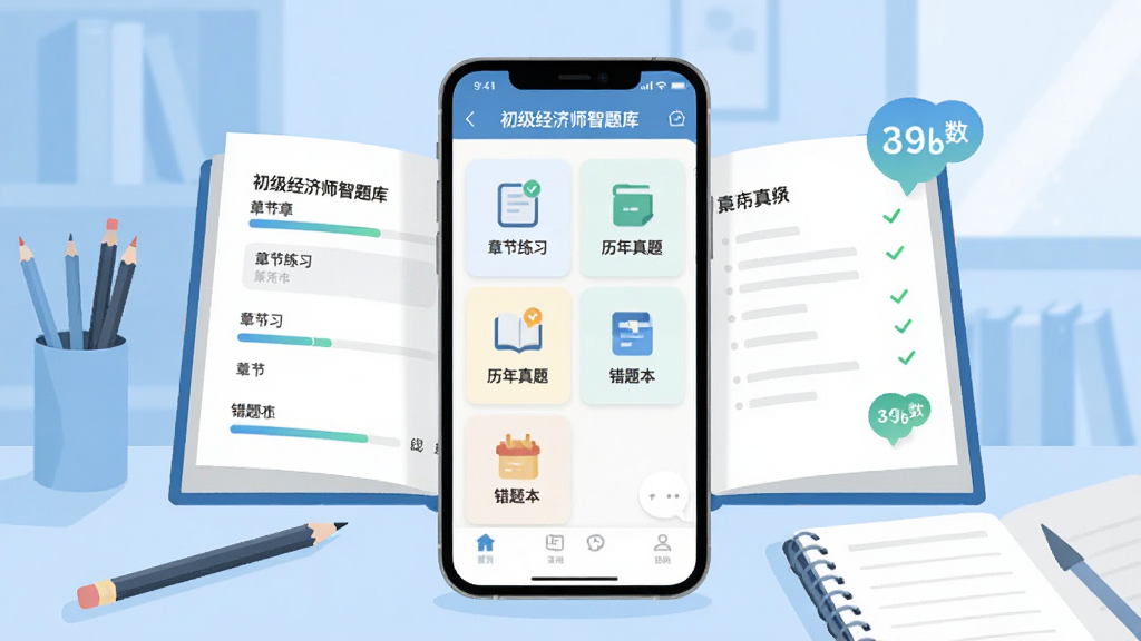 画面主体为一本翻开的电子习题册悬浮在手机屏幕上方,屏幕内显示“初级经济师智题库”应用界面,界面中排列着章节练习、历年真题、错题本等模块图标,背景为浅蓝色书房场景,书桌上放着铅笔和笔记本,整体布局为手机居中、习题册向两侧展开,风格为清新扁平化插画,细节包含进度条、对勾标记和分数气泡,画质清晰干净,无多余元素