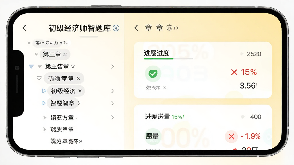 手机屏幕显示“初级经济师智题库”章节列表页面,左侧为章节树状目录,右侧为答题卡片,卡片上有绿色对勾和红色叉号标记,背景为淡黄色渐变,风格为简洁UI展示图,细节包含进度百分比和题量数字,画质清晰,干净无多余元素