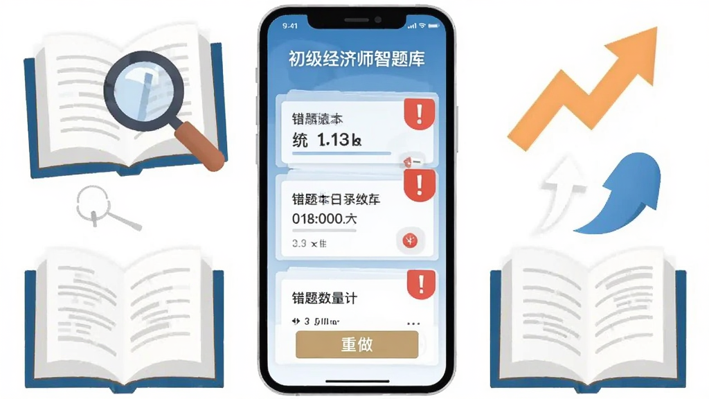 画面中央为一部手机,屏幕显示“初级经济师智题库”错题本界面,错题卡片带有红色感叹号标签,手机周围环绕着翻开的书本、放大镜和上升箭头图标,布局为手机居中、元素环绕,风格为扁平化信息图,细节包含错题数量统计和重做按钮,画质清晰,干净无多余元素