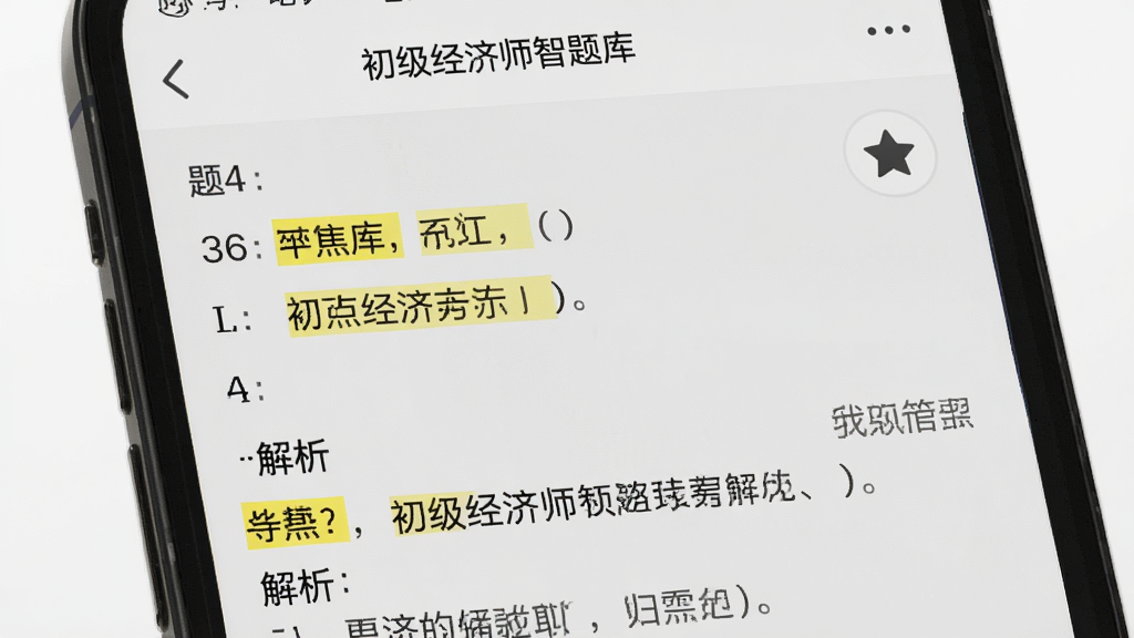 手机屏幕显示“初级经济师智题库”题目解析页面,解析文字中有黄色高亮标注的考点关键词,旁边有收藏星标图标,背景为浅灰色,风格为学习类APP界面展示,细节包含题号、选项和解析段落,画质清晰,干净无多余元素