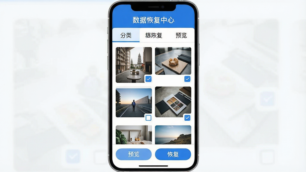 一张手机界面示意图,屏幕中显示“数据恢复中心”的扫描结果页面,上方有分类标签栏,下方以网格形式展示可恢复的照片缩略图,每张图片右下角带有复选框,界面底部有“预览”和“恢复”两个按钮,整体配色为蓝白相间,风格简洁清爽,画质清晰,干净无多余元素