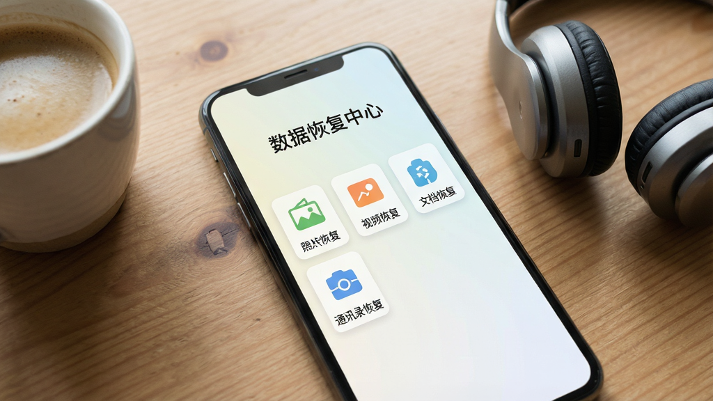 一张手机屏幕特写,屏幕中央显示“数据恢复中心”软件主界面,界面干净简洁,顶部有软件名称文字,下方排列照片恢复、视频恢复、文档恢复、通讯录恢复等图标按钮,背景为浅色渐变,手机放置在木质桌面上,旁边有一杯咖啡和一副耳机,整体风格清新自然,光线柔和,画质清晰,干净无多余元素