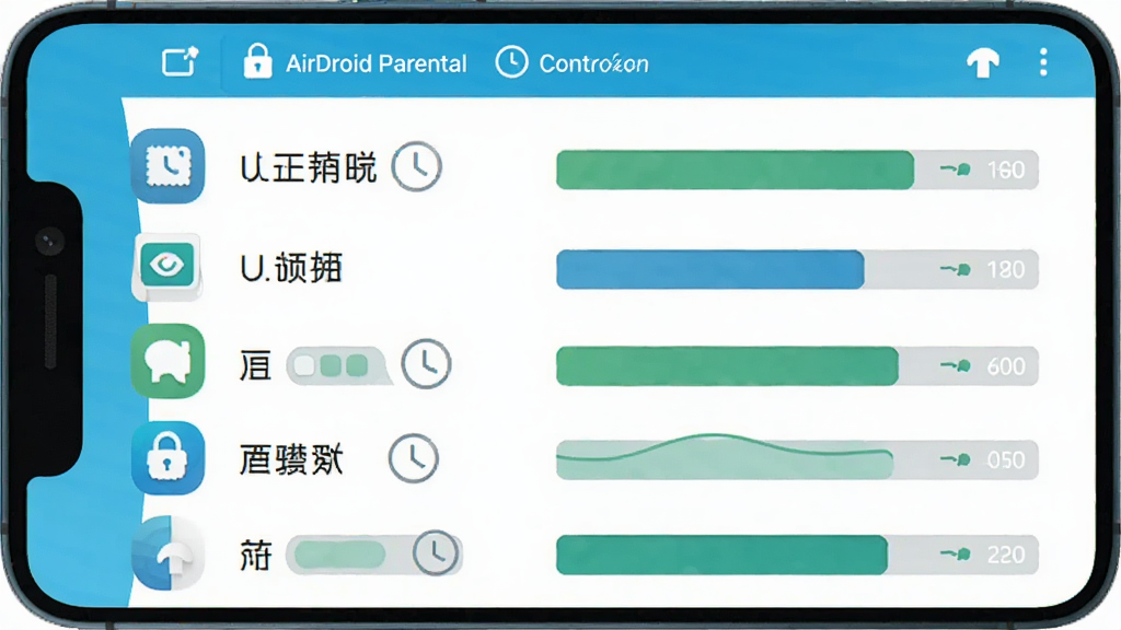 主体为手机屏幕展示应用时长管理界面;布局为纵向列表排列,每行包含应用图标、名称与时间条;排版整齐分区,风格为清爽扁平 UI 插画,细节包括