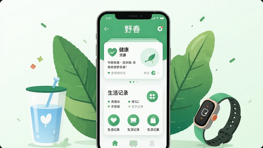 画面中央放置一部智能手机,手机屏幕上显示“野春”应用的主界面,界面包含健康资讯卡片和生活记录图标,手机周围环绕绿叶、水杯、运动手环等健康生活元素,整体采用扁平插画风格,配色以清新绿色和白色为主,背景为浅色渐变,布局简洁居中,细节清晰,画质干净,无多余元素