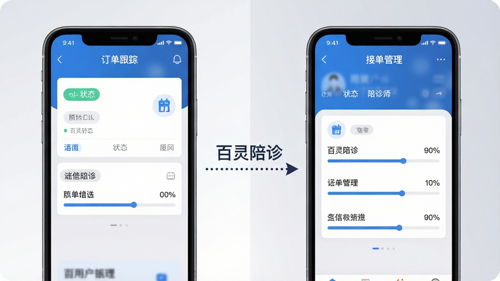 画面采用左右分屏构图,左侧手机屏幕显示用户端订单跟踪界面,右侧手机屏幕显示陪诊师端接单管理界面,两部手机之间用一条虚线箭头连接,箭头上方标注“百灵陪诊”字样,背景为浅灰色渐变,整体风格为简洁的UI展示插画,配色以蓝白灰为主,细节上突出界面中状态标签与进度条的对比,画质清晰,画面干净利落