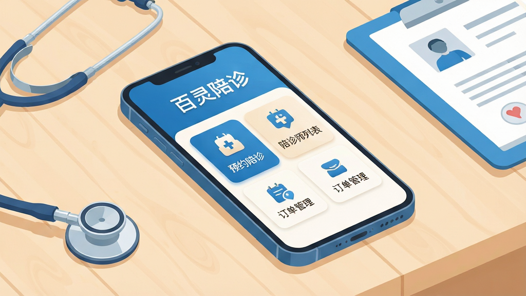 画面主体为一款智能手机,屏幕显示百灵陪诊应用的主界面,界面上方有“百灵陪诊”四个字,下方排列着预约陪诊、陪诊师列表、订单管理等卡片式功能入口,手机放置在一张干净的浅色木质桌面上,旁边散落着听诊器与病历本作为点缀,整体采用扁平化插画风格,配色以医疗蓝与暖白色为主,细节上突出界面图标的清晰度与层次感,画质清晰锐利,画面干净整洁,无多余装饰元素