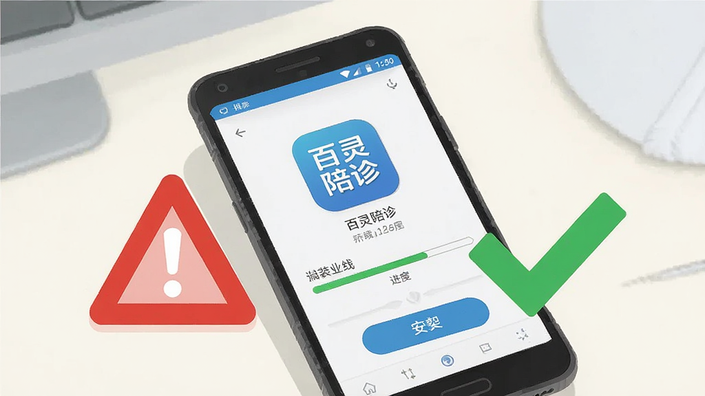 画面展示一部安卓手机正在安装应用,屏幕上显示安装进度条与“百灵陪诊”应用图标,手机旁边放置一个红色警示三角标志与一个绿色对勾标志,分别代表风险提示与安全确认,背景为简洁的浅色工作台面,整体风格为信息图示插画,配色以蓝、红、绿三色点缀,细节上突出安装界面的按钮与提示文字区域,画质清晰,构图干净不杂乱