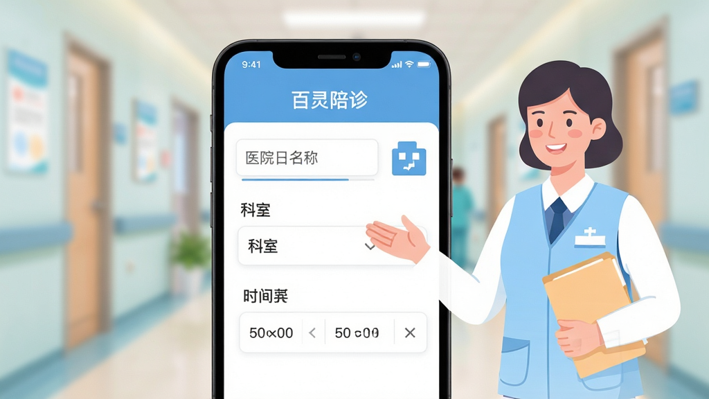 画面中心是一部手机,屏幕呈现百灵陪诊的预约下单页面,页面中包含医院名称输入框、科室选择栏与时间选择器,旁边有一位穿着浅蓝色马甲的陪诊师形象以半透明方式浮现在手机右侧,手持文件夹微笑示意,背景为柔和的医院走廊虚化场景,整体风格为现代扁平插画,色彩明快柔和,细节上强调表单区域的清晰可读性,画质细腻,画面干净无杂乱元素