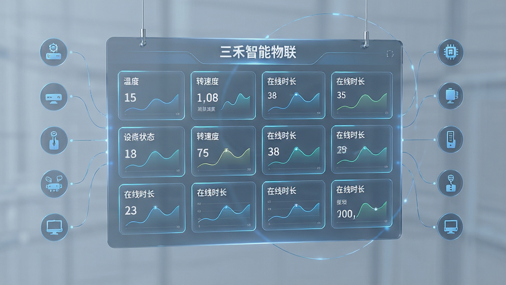 主体为一块悬浮的透明数据面板,面板上排列多张设备状态卡片,卡片内包含温度、转速、在线时长等数值与折线图;布局为面板居中,四周环绕细线连接的设备图标;排版采用网格状卡片排列,顶部有“三禾智能物联”字样;风格为轻科技感,蓝灰配色;细节上卡片边缘有微光、折线图线条流畅、数值清晰;画质高清、干净、无多余元素