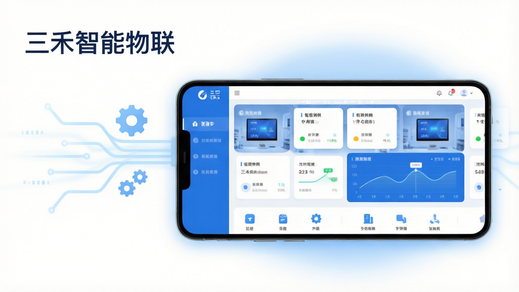 主体为一部横向放置的安卓手机,屏幕显示三禾智能物联的设备监控总览界面,包含设备卡片、状态指示灯与数据曲线;布局上手机居中偏右,左侧留白处放置淡蓝色数据流线条与齿轮图标;排版采用上下分区,上方为软件名称文字“三禾智能物联”,下方为简洁的功能图标行;风格为现代科技扁平风,配色以蓝白为主;细节上屏幕内文字清晰、图标圆润、背景有轻微光晕;画质高清、干净、无多余元素
