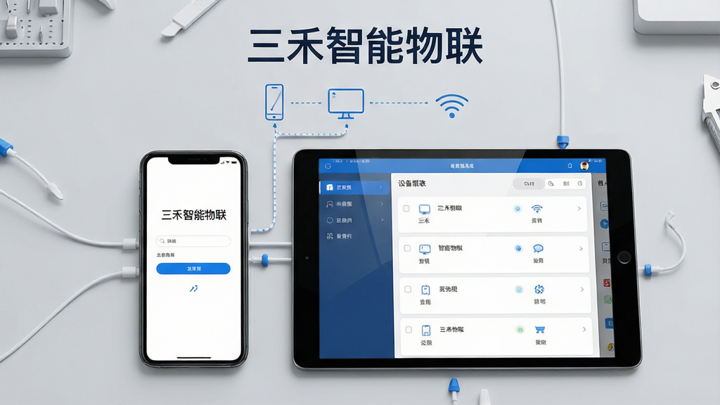 主体为一部手机与一台平板并排展示,手机屏幕显示三禾智能物联登录页,平板屏幕显示设备列表页;布局为左右排列,背景为浅灰色工作台;排版上顶部有软件名称“三禾智能物联”,下方为设备图标与连接线;风格为清爽简约风,白蓝配色;细节上屏幕反光自然、图标线条细腻、背景干净;画质高清、干净、无多余元素