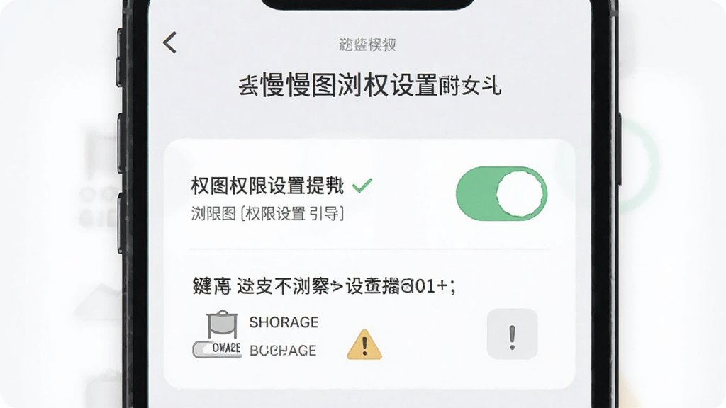 画面主体是一部手机屏幕显示慢图浏览权限设置引导页面,布局为上下分层构图,排版突出权限开关与提示文字,风格为清爽教程类插画,细节包括勾选标记、存储图标、警告三角符号,画质干净清晰,无多余元素