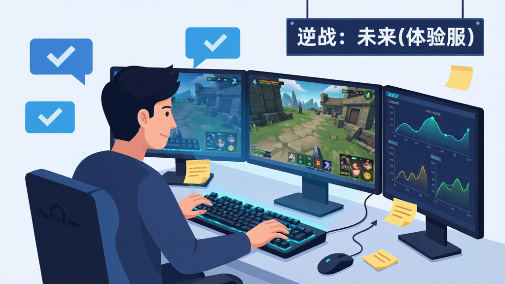 一张表现玩家参与游戏测试反馈场景的插画,画面主体为一名玩家坐在多屏电脑前,屏幕上显示着游戏画面与数据曲线图表,旁边悬浮着对话气泡与勾选标记的图标,布局为人物居中偏左、屏幕信息向右延展,排版上采用信息图风格分区清晰,风格为扁平化科技插画,细节包括键盘光效、屏幕蓝光、便签纸与反馈箭头,画质为高清矢量质感、干净整洁、无多余元素,画面中可包含